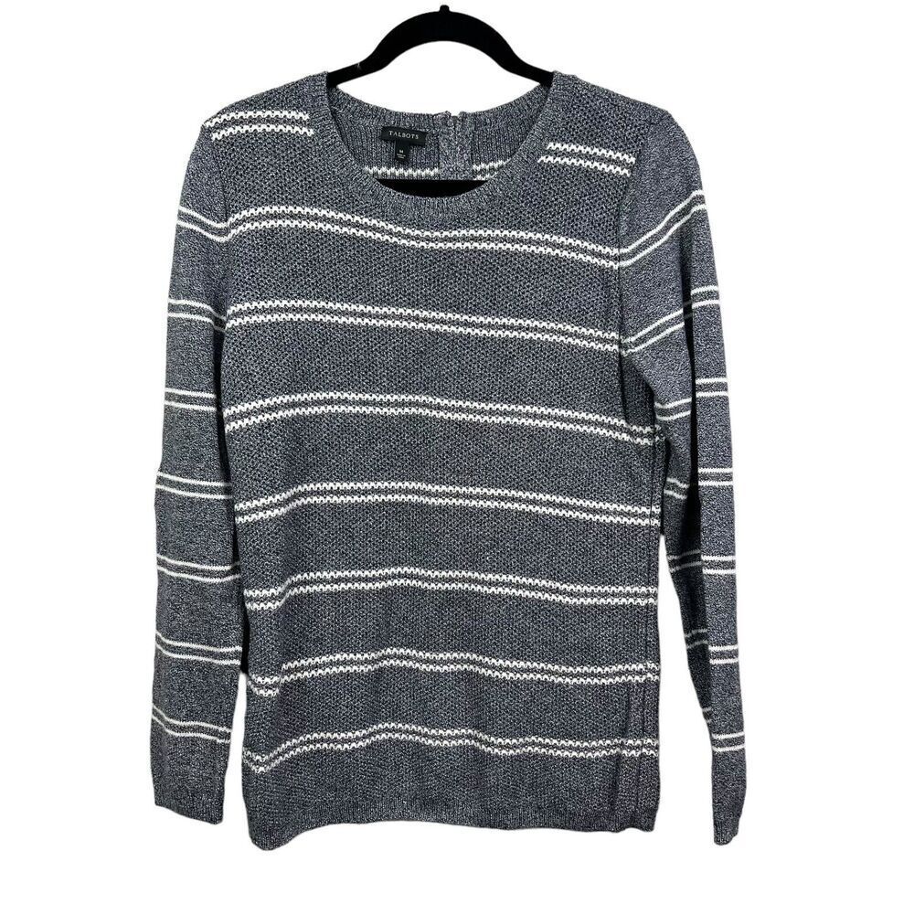 Talbots Womens Sweater Striped Grey White Crew Neck Back Zip Size M*